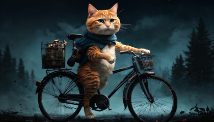 A whimsical orange cat rides a bicycle through a misty forest at twilight under a starry sky