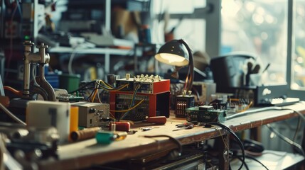 A vibrant electronics workshop with wiring and tools, alive with possibility and creation.