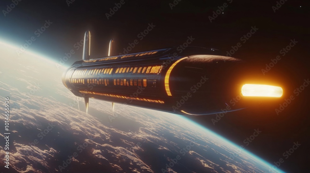 Poster a sleek spaceship hovers above earth's atmosphere, surrounded by wispy clouds. the vessel features b