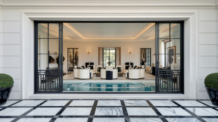high end luxury and very elegant white mansion, look into the livingroom, cream, white, black