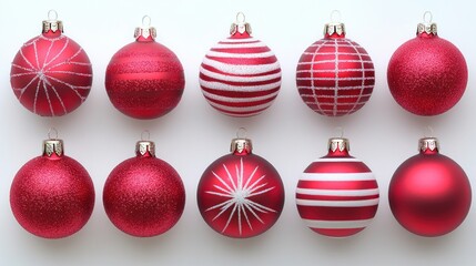Obraz premium Red ornament variety, ten festive globes, glossy stripes, glitter accents, holiday cheer, bright and decorative display