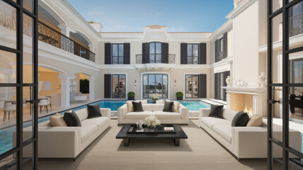 high end luxury and very elegant white mansion, look into the livingroom, cream, white, black