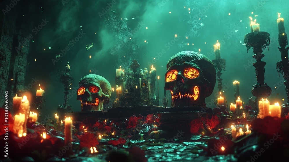 Canvas Prints Surreal Day of the Dead with disembodied skulls and glowing altars.