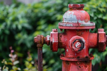 Close-up of weathered red fire hydrant with peeling paint. Urban infrastructure and safety concept.