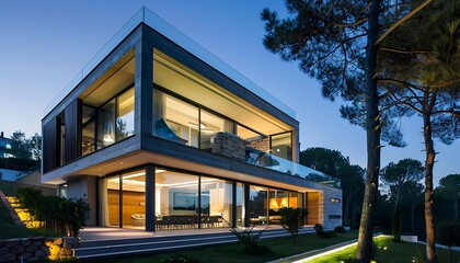 Fototapeta premium Modern house exterior at night with lighted windows