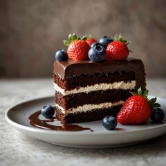 A decadent slice of chocolate cake with glossy ganache, berries, and whipped cream on the side.