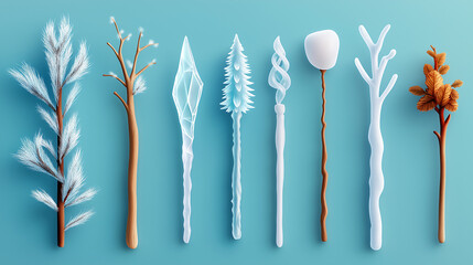 A collection of whimsical wands and staffs with a variety of unique designs, all against a blue background.
