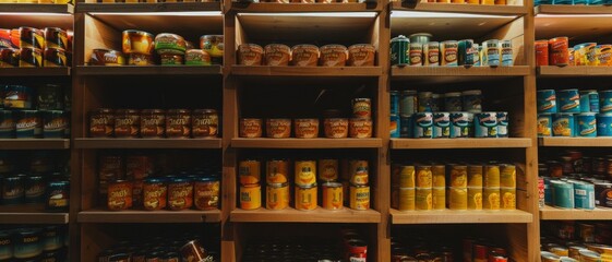 Shelves laden with an array of canned goods and supplies, carefully organized in a warmly lit space, evoke a sense of homely abundance.