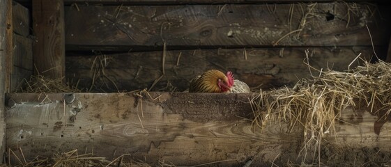 A rooster contently rests in a cozy barn, nestled among straw, under the gentle, warm light that enhances the wood&rsquo;s rustic charm.