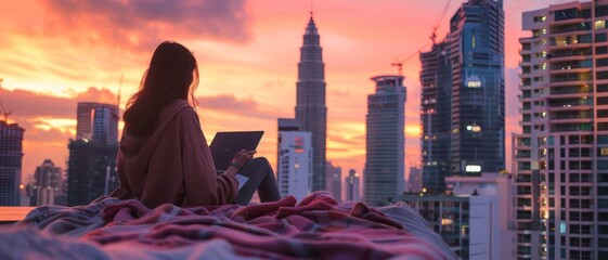 A young woman with a laptop enjoys a vibrant cityscape at sunset, her silhouette framed against skyscrapers and colorful skies, evoking creativity and reflection.