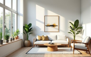 Fototapeta premium A cozy, bright living room with minimalist furniture, soft sofa, indoor plants, and a large window offering a view of nature. Natural light creates a warm atmosphere.