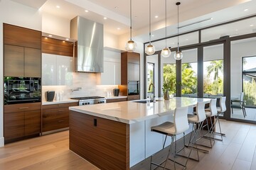 Luxury modern kitchen with white marble countertop