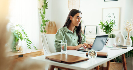 Business woman, office work and laptop at desk with staff, planning and creative writing at startup. Writer, SEO and article research with reading and journalist project at content creation agency