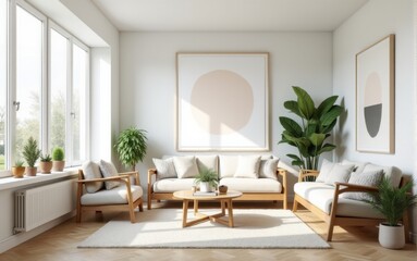 A cozy, bright living room with minimalist furniture, soft sofa, indoor plants, and a large window offering a view of nature. Natural light creates a warm atmosphere.