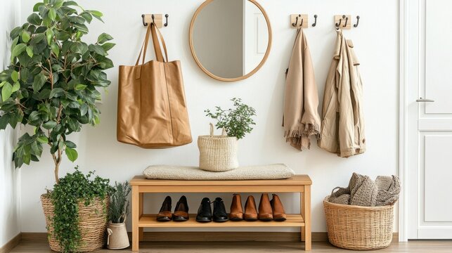 Small entryway with custom shoe storage and bench featuring natural light and practical design elements