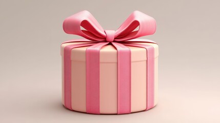Obraz premium Pink gift box, elegant round design, large bow, pastel tones, celebration or special occasion, wrapped present, simple background.