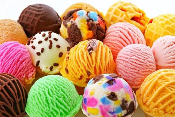 Obraz premium Row of ice cream scoops with different colors and flavors. Some are green, some are yellow, and some are pink