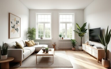 A cozy, bright living room with minimalist furniture, soft sofa, indoor plants, and a large window offering a view of nature. Natural light creates a warm atmosphere.