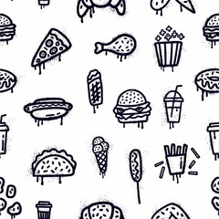 Vector pattern from a collection of fast food products, hand-drawn in graffiti style