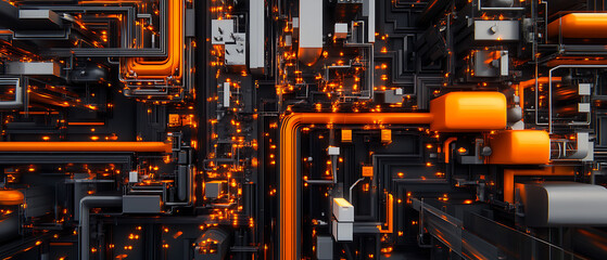 Abstract view of interconnected pipes and circuits with glowing particles.