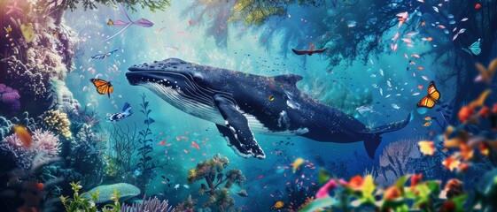 A majestic whale gracefully swims through a colorful underwater paradise, surrounded by vibrant marine life and glowing coral reefs.