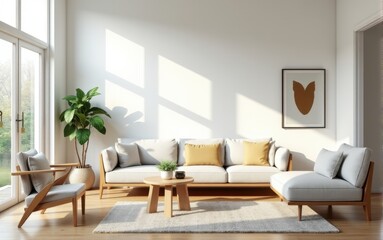Minimalist living room with nature view. Stylish living room with panoramic windows, a modern sofa, indoor plants, and natural decor. The room is filled with light and comfort.
