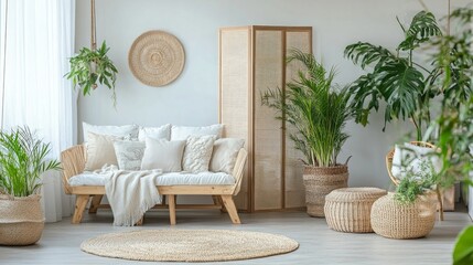 Stylish studio apartment with room divider, multifunctional furniture, and bright decor elements showcasing small space living solutions