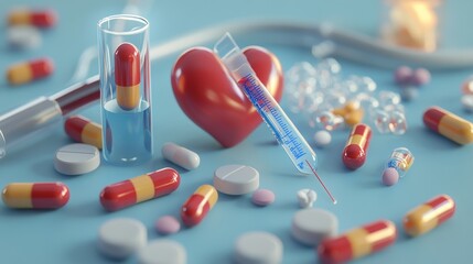 3D medical elements: pills, blood test tubes, and a heart with a pulse line, all in a pithy hospital set. 