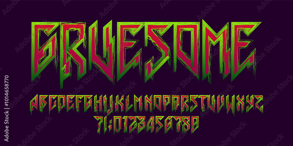 Fototapete gruesome alphabet font. angular gothic letters and numbers with a green slime. hand drawn vector typ