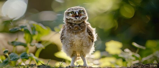 A fluffy owlet stands on a mossy forest floor, its big eyes reflect glimmers of sunlight, embodying youthful curiosity and wilderness wonder.