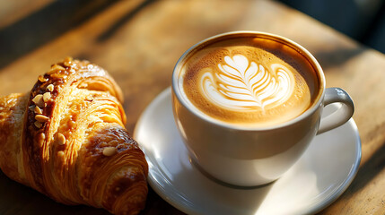 Coffee cup with latte art and a croissant on a wooden table in warm sunlight.