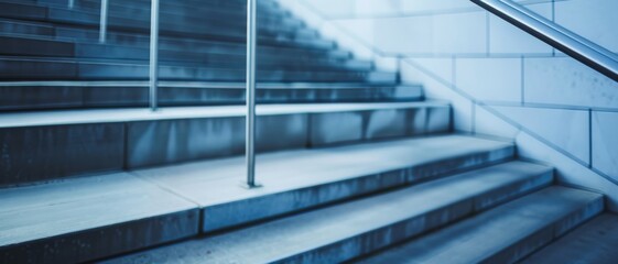 An empty staircase with sleek metal railings leads upwards, enveloped in a cool blue light that creates a sense of mystery and anticipation.