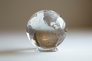 Smooth crystal globe paperweight with etched continents resting on a clean white background symbolizing global connections and business success