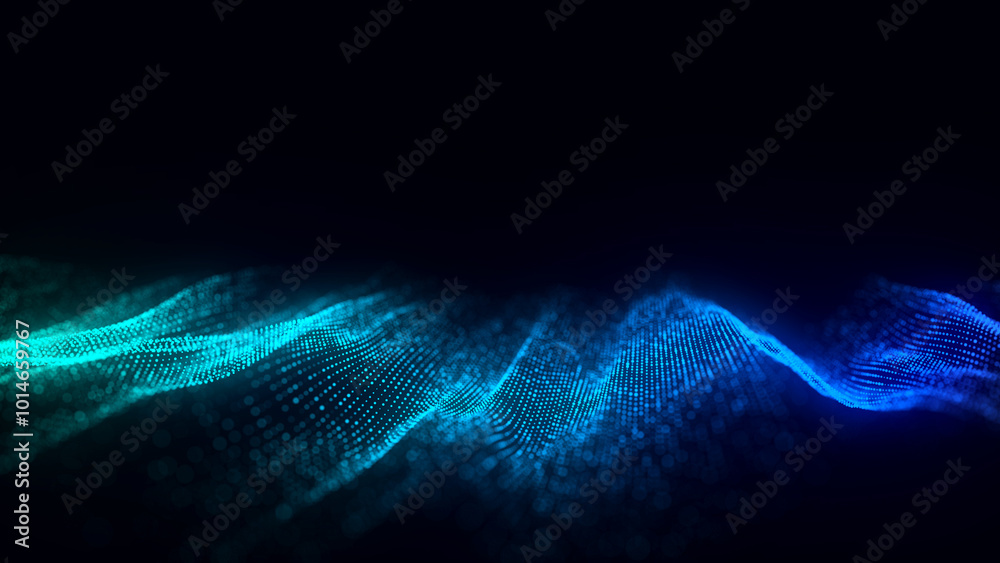 Poster Music color wave of particles and lines. Big data visualization. Abstract blue background with a dynamic wave. 3d rendering.
