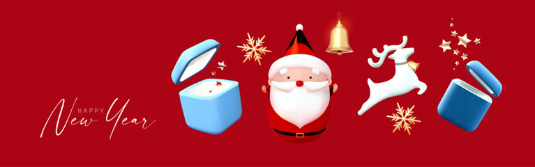 3D Christmas set. Santa Claus, deer, snowflake, gift box, ell and light bulbs