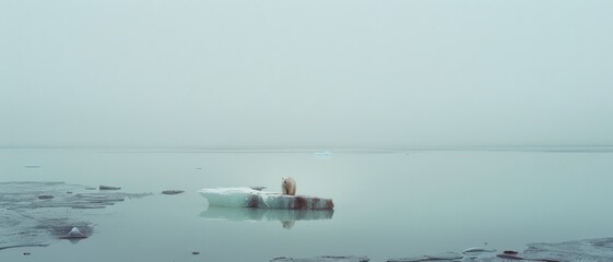 Obraz premium A lone polar bear stands on a small ice floe in a vast, calm seascape, evoking solitude and the delicate balance of nature.