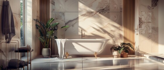 A plush bathroom space adorned with marble walls and plants, bathed in golden sunlight, creating an inviting retreat.