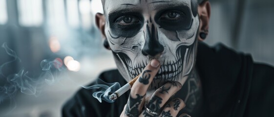 Fototapeta premium A captivating close-up of a person with striking skull face paint, exuding a hauntingly enigmatic aura amidst swirling smoke.