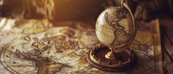 Fototapeta premium A sunlit antique globe, paired with historical maps, exudes a romantic sense of adventure and discovery.
