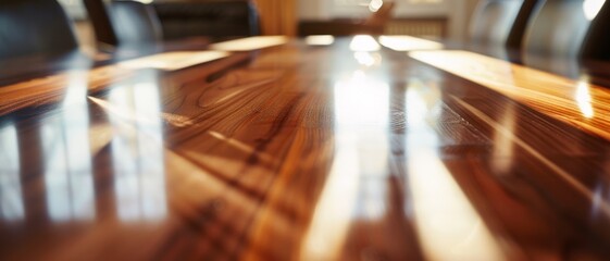 Sunlight streams across a polished wooden table, creating a warm and inviting atmosphere perfect for gatherings and reflections.