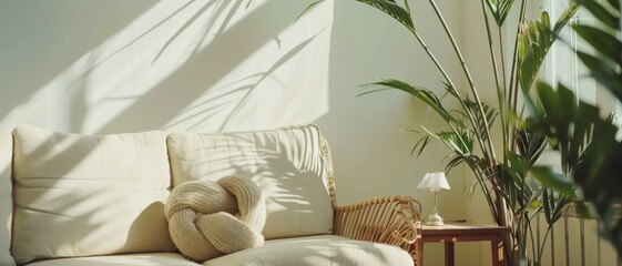 A cozy living room with lush green plants and soft sunlight, creating a warm, inviting atmosphere perfect for relaxation and reflection.