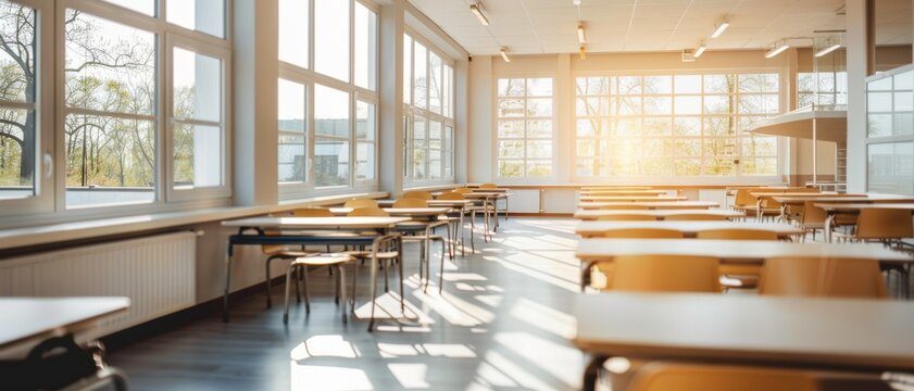 Sunlight pours through classroom windows, illuminating empty desks and creating an atmosphere of calm and readiness for learning.