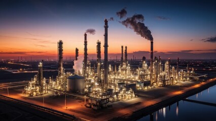 A sprawling industrial complex at dusk, showcasing smokestacks and illuminated structures.