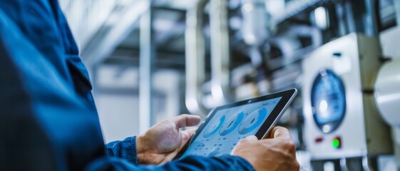 In a high-tech industrial setting, a person holds a tablet displaying graphs, symbolizing data-driven insights in modern technological advancements.