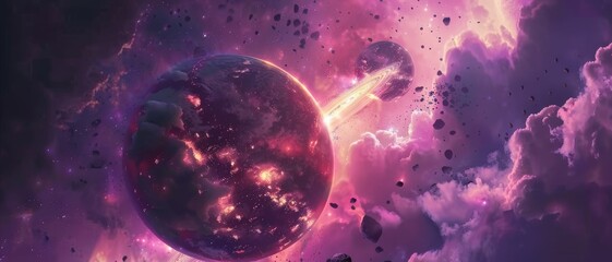 Fototapeta premium A cosmic scene with planets colliding in a burst of vibrant colors, surrounded by swirling nebulae and twinkling stars in deep space.