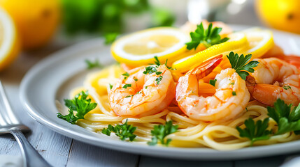 Delicious shrimp pasta dish garnished with lemon and parsley.