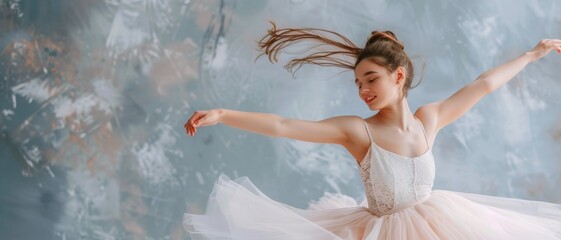 A graceful ballerina spins elegantly, her hair and white tutu flowing in motion against a soft pastel backdrop, embodying the beauty of dance.