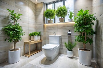 A bathroom with a toilet and potted plants