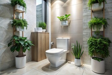 A bathroom with a toilet and potted plants