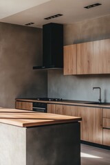 A kitchen with a wooden counter and cabinets. The counter is made of wood and has a stove on it